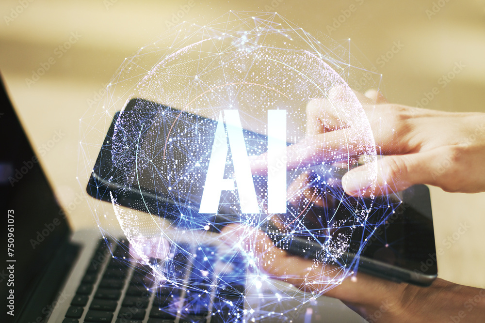 Aufkleber creative artificial intelligence symbol concept with finger presses on a digital tablet on backgroun