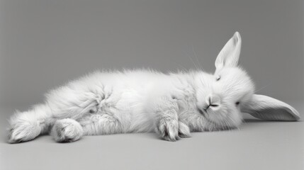 a white bunny rabbit laying on its back with its head turned to the side and it's eyes closed. - obrazy, fototapety, plakaty
