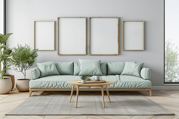 Living room with pastel mint couch and set of 4 framed pictures. Modern minimalist interior for wall art mock up.