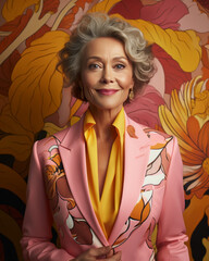 Cheerful, happy, and confident senior business woman in an elegant suit with hands in pockets, standing against a colorful background with warm, soft pink, gold, red, and orange hues.