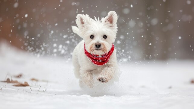 a small white dog wearing a red scarf running in the snow with snow flakes on it's face.