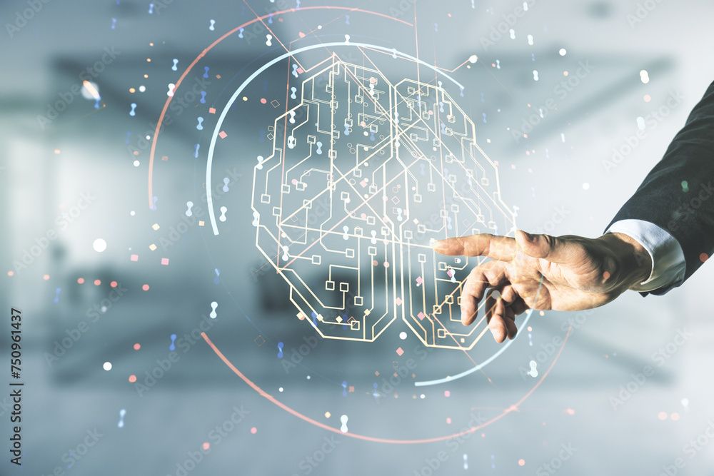 Aufkleber double exposure of man hand working with creative human brain microcircuit hologram on blurred offic