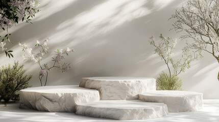 Podium, 3D stone elegance for product showcasing, minimalist aesthetic, white space, contemporary design