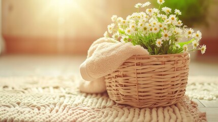 a basket of daisies and a teddy bear on a rug in a room with sunlight streaming through the window.