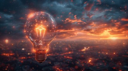 Envision the future of innovation with a mesmerizing depiction of a luminous light bulb hovering above a cityscape, its radiant glow illuminating the path to groundbreaking discove