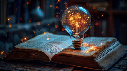 Discover the power of ingenuity with an image of a luminous light bulb nestled within the pages of an open book, its brilliance igniting the imagination and fueling the quest for n