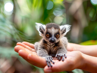 Obraz premium Tiny, living monkey lies in palms and looks at the camera, against a backdrop of rainbow tropical flares