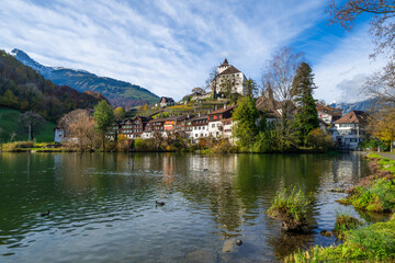 Fototapeta na wymiar The Village and Castle of Werdenberg on the Werdenbergersee, Kanton of St. Gallen, Switzerland