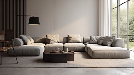 A sleek living room decorated with a grey sectional, a black ottoman, and a few accent pillows