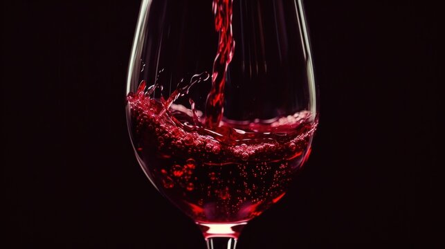 a close up of a wine glass with red wine being poured into it with a wine glass in the foreground.