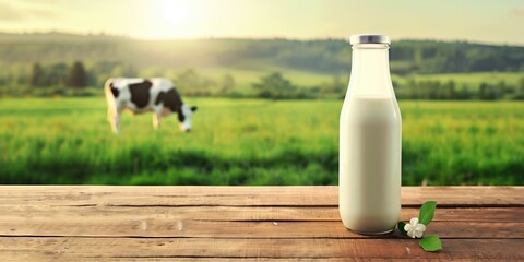 Fresh farm milk overlooking pastoral landscape, for food, agriculture, and healthy living