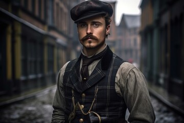 Scottish man from Victorian era. Historical male in vintage attire outdoor portrait. Generate ai - obrazy, fototapety, plakaty