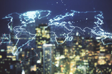 Abstract creative world map interface on blurry skyline background, international trading concept. Multiexposure