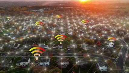 Technology connection over American suburb. 3D graphic of a neighborhood overlaid with WiFi symbols...