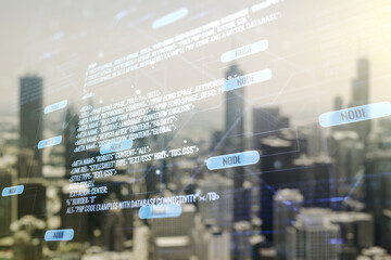 Multi exposure of abstract software development hologram on blurry cityscape background, research and analytics concept