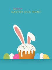 Happy greeting card template. Poster with an art of a cake with bunny ears and eggs.