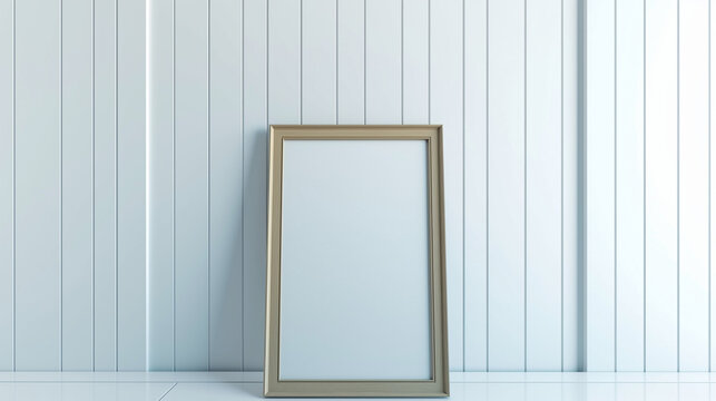 A framed white picture sits on a table