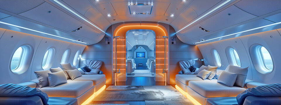Luxurious Airplane Cabin Interior with Ambient Lighting
