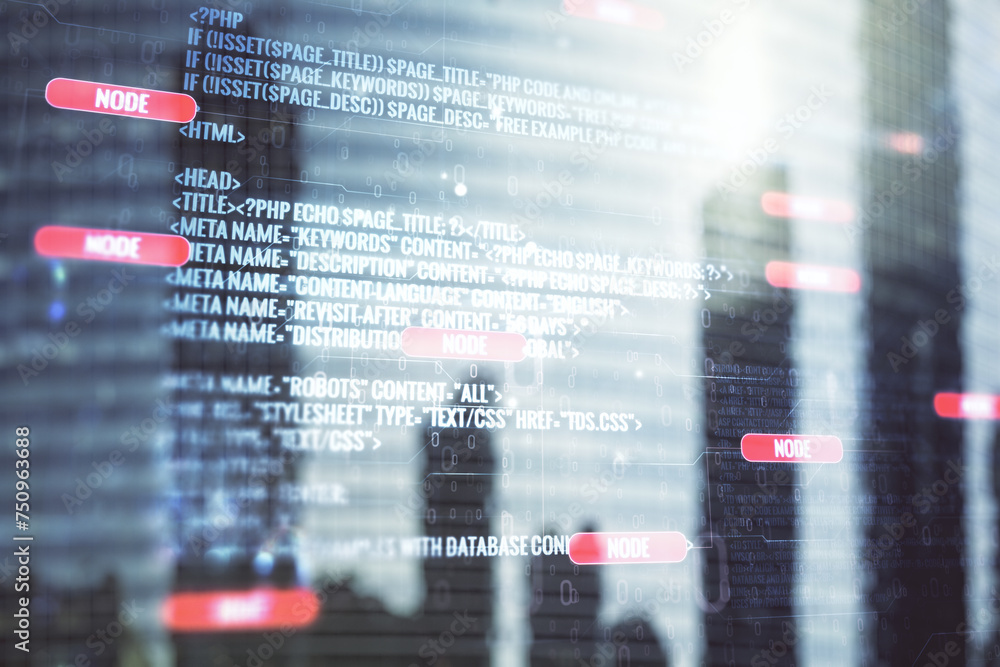 Poster abstract virtual coding concept on office buildings background. multiexposure