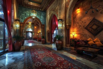 Obraz premium Arab Palace, Harem, Grand Hamam, Hotel, Luxurious Oriental Interiors, Abstract Generative AI Illustration