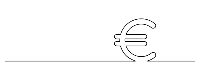 euro sign continuous one line drawing, european currency lineart, black line vector illustration, editable stroke, panoramic design element - obrazy, fototapety, plakaty