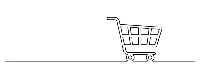 shopping cart symbol continuous line drawing, shopping trolley lineart, black line vector illustration, editable stroke, horizontal design element