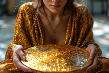 Young astrologer woman holds a golden object in her hands, a natal chart