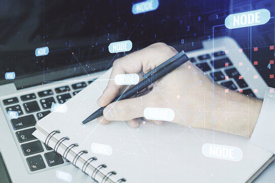 Double exposure of abstract creative programming illustration and hand writing in notepad on background with laptop, big data and blockchain concept