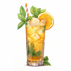 Orange mint julep cocktail watercolor