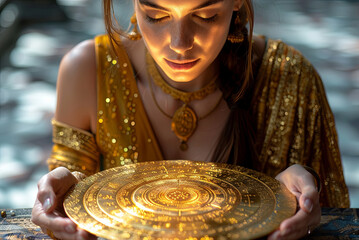 Young astrologer woman holds a golden object in her hands, a natal chart