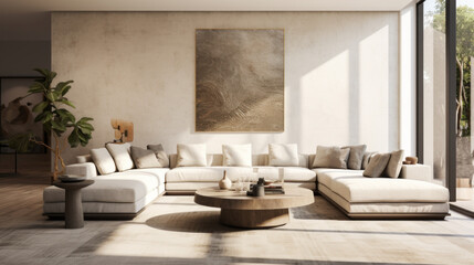 Fototapeta na wymiar A sleek living room with textured walls and a neutral colour palette, featuring a grey sofa and a mirrored side table