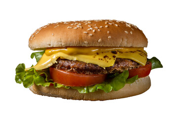 single fresh burger with beef patty, cheese, tomatoes, lettuce and mustard isolated on white background