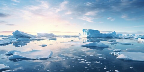 Ice sheets melting in the arctic, antarctic, or polar region ocean and waters. Global warming, climate change, greenhouse gas, ecology concept.