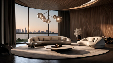 Fototapeta premium A sleek living area illuminated by a stunning statement lighting fixture that stands out from the decor