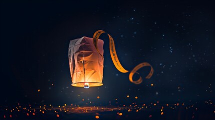 A beautifully illuminated lantern releasing into the night sky, with its light casting a soft glow that forms a symbolic autism awareness ribbon in the air.