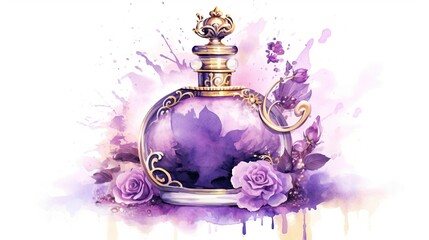 Perfume bottle on purple background