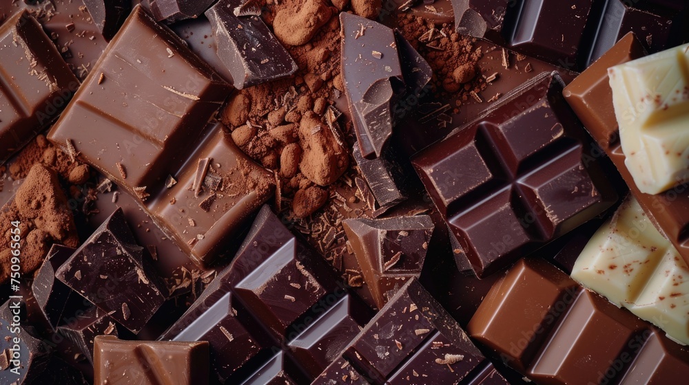 Poster a close up view of a pile of delicious chocolate. perfect for food and dessert concepts