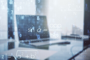 Double exposure of creative scientific formula concept on laptop background, research and...