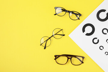 Vision test chart and glasses on yellow background, flat lay. Space for text