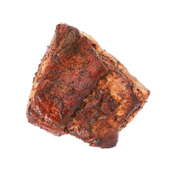 Piece of tasty baked pork belly isolated on white, top view