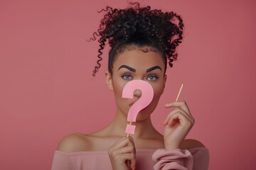 A woman holding a pink question mark, suitable for educational concepts