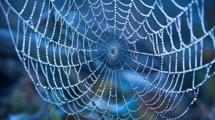 Obraz premium A close-up of a delicate, dew-covered spider web in the early morning light, with each dewdrop reflecting a different shade of blue.