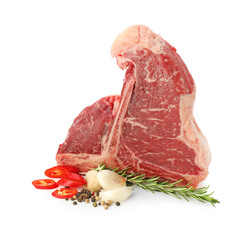 Raw t-bone beef steak and spices isolated on white
