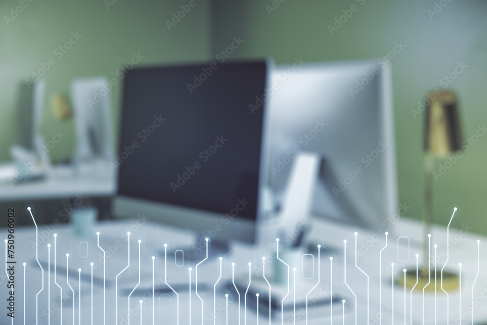 Poster double exposure of circuit hologram on laptop background. research and development hardware concept