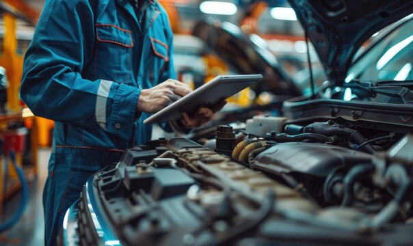 An auto mechanic with a tablet at a repair shop with open hood - Powered by Adobe