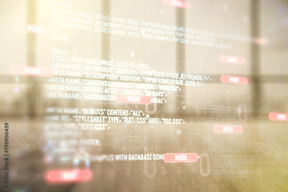 Poster double exposure of abstract programming language interface on empty modern office background, resear