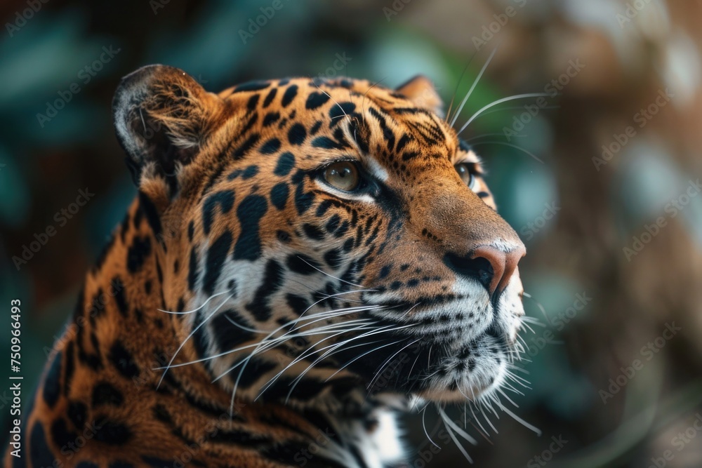 Aufkleber close-up of a leopard's face with trees in the background. ideal for nature and wildlife themes