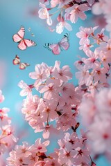 Beautiful pink flowers with butterflies flying around them. Perfect for spring and nature-themed designs