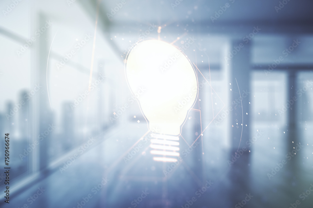 Poster abstract virtual light bulb hologram on empty classroom background, idea concept. multiexposure