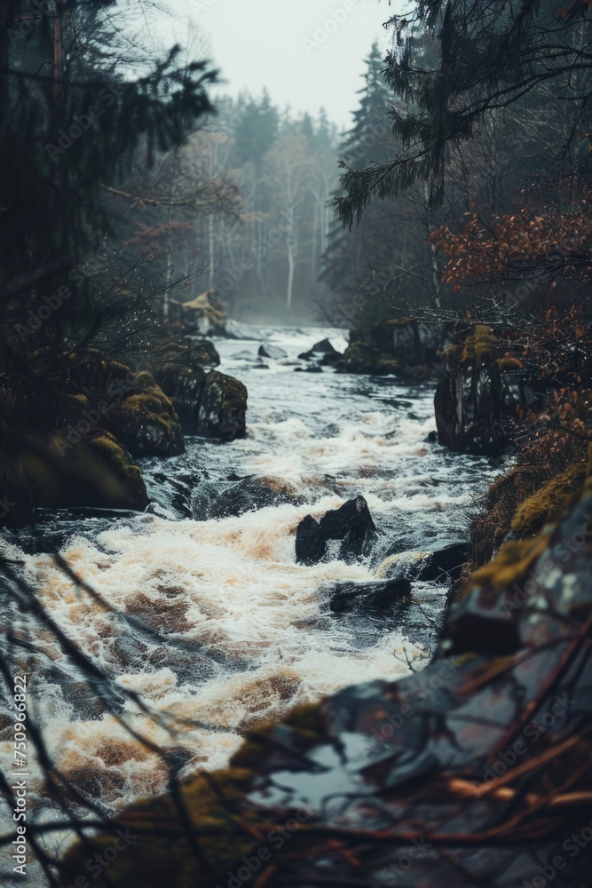 Poster scenic view of a river flowing through a dense forest. suitable for nature or environmental themes